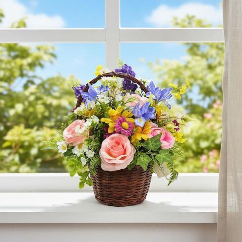 Lnymura Pre-lit Spring Summer Rose Flower Basket with Timer 13 Inch Rustic Floral Arrangement Table Centerpiece with Wildflower, Roses, Daisies and 10 Warm White LEDs for Home Kitchen Decor in Saudi Arabia