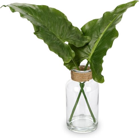 Fake Plants 14.2" Faux Palm Plant in Glass Vase, Realistic Tropical Fake Palm House Plants Artificial Palm Leaves Greenery Stems for Home Bathroom Office Farmhouse Balcony Shelf Centerpiece Décor in Saudi Arabia