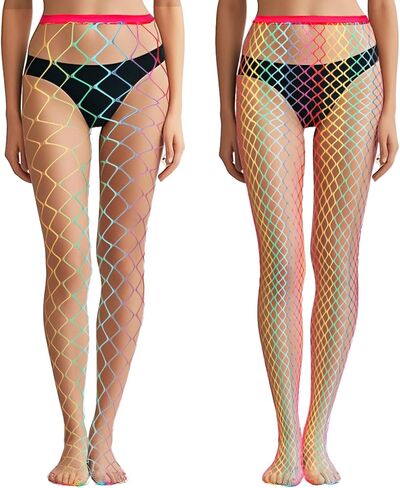 Coume 2 Pcs Rainbow Fishnet Stockings for Women Halloween Rainbow Clothing Accessories Lgbtq Accessories Gay Pride Gifts Stretch Fishnet Stockings for Halloween Party Cosplay in Saudi Arabia