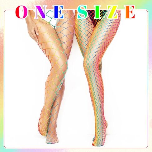 Coume 2 Pcs Rainbow Fishnet Stockings for Women Halloween Rainbow Clothing Accessories Lgbtq Accessories Gay Pride Gifts Stretch Fishnet Stockings for Halloween Party Cosplay in Saudi Arabia