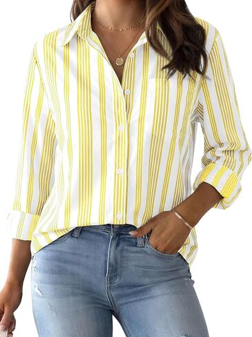 CUNLIN Striped Button Down Shirts for Women Blouses Womens Tops Collared Long Sleeve Up Shirt Women's Blouse Top with Pocket in Saudi Arabia