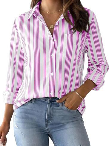 CUNLIN Striped Button Down Shirts for Women Blouses Womens Tops Collared Long Sleeve Up Shirt Women's Blouse Top with Pocket in Saudi Arabia