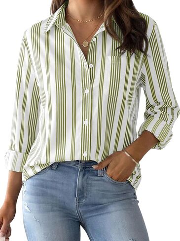 CUNLIN Striped Button Down Shirts for Women Blouses Womens Tops Collared Long Sleeve Up Shirt Women's Blouse Top with Pocket in Saudi Arabia