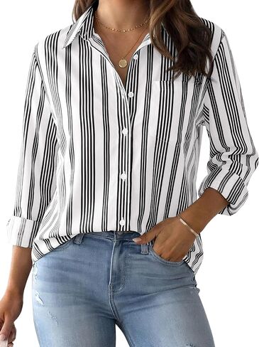 CUNLIN Striped Button Down Shirts for Women Blouses Womens Tops Collared Long Sleeve Up Shirt Women's Blouse Top with Pocket in Saudi Arabia