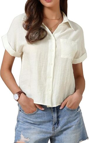 قميص Allegra K بأزرار لأعلى للعمل الكاجوال وبلوزة صيفية بياقة قصيرة الأكمام in Kuwait