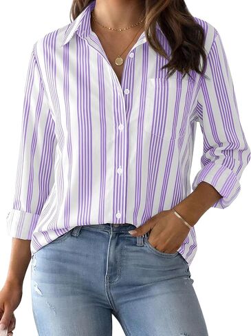 CUNLIN Striped Button Down Shirts for Women Blouses Womens Tops Collared Long Sleeve Up Shirt Women's Blouse Top with Pocket in Saudi Arabia