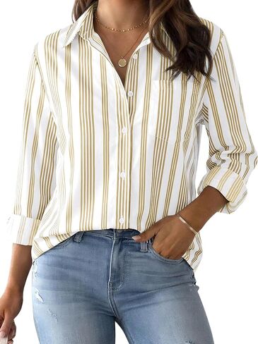 CUNLIN Striped Button Down Shirts for Women Blouses Womens Tops Collared Long Sleeve Up Shirt Women's Blouse Top with Pocket in Saudi Arabia