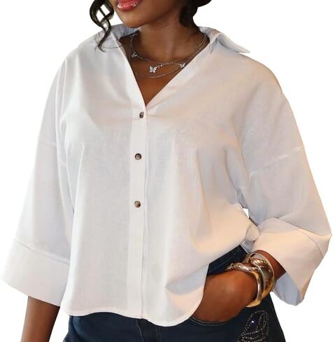 Oversized Button Down Shirts 3/4 Sleeve Loose Womens Tops V Neck Cotton Blouse Casual Dressy Business in Saudi Arabia