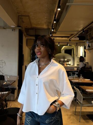 Oversized Button Down Shirts 3/4 Sleeve Loose Womens Tops V Neck Cotton Blouse Casual Dressy Business in Saudi Arabia