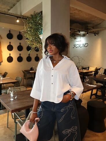 Oversized Button Down Shirts 3/4 Sleeve Loose Womens Tops V Neck Cotton Blouse Casual Dressy Business in Saudi Arabia