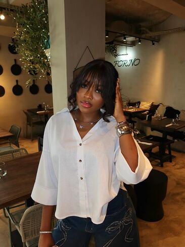 Oversized Button Down Shirts 3/4 Sleeve Loose Womens Tops V Neck Cotton Blouse Casual Dressy Business in Saudi Arabia