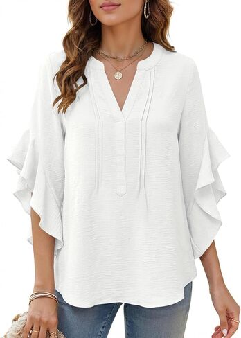AIMCOO Womens Dressy Casual Blouse 3/4 Sleeve V Neck Ruffle Tops Ladies Trendy Fashion Work Shirt Spring Summer Outfits in Kuwait