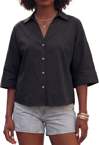 قمصان كبيرة الحجم بأزرار سفلية بأكمام 3/4، قمصان نسائية فضفاضة برقبة على شكل V، بلوزة قطنية كاجوال أنيقة للأعمال in Kuwait