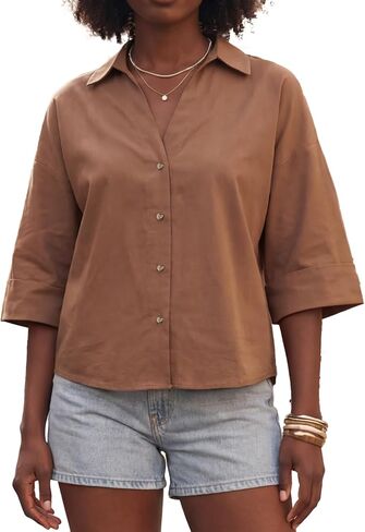 Oversized Button Down Shirts 3/4 Sleeve Loose Womens Tops V Neck Cotton Blouse Casual Dressy Business in Saudi Arabia
