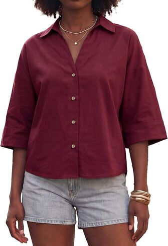 Oversized Button Down Shirts 3/4 Sleeve Loose Womens Tops V Neck Cotton Blouse Casual Dressy Business in Saudi Arabia