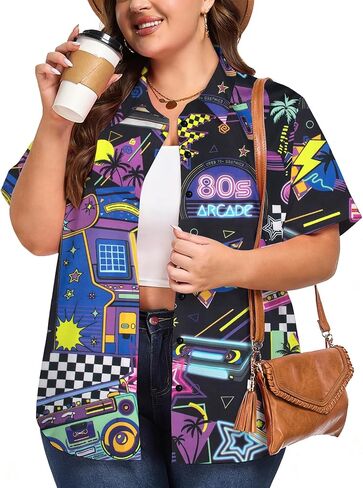 NANYUAYA حجم كبير 80s ملابس للنساء موضوع حفلة ديسكو قميص 80s تي شيرت هاواي 90s ريترو النيون زر أسفل بلوزة بلايز in Kuwait