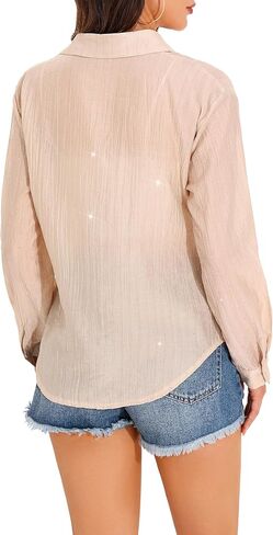 GUANYY Women's Sheer Button Down Shirt Rhinestone Sparkly Mesh Chiffon Blouse Long Sleeve Casual Top in Kuwait
