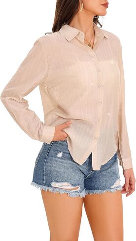 GUANYY Women's Sheer Button Down Shirt Rhinestone Sparkly Mesh Chiffon Blouse Long Sleeve Casual Top in Kuwait