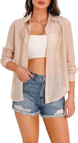 GUANYY Women's Sheer Button Down Shirt Rhinestone Sparkly Mesh Chiffon Blouse Long Sleeve Casual Top in Kuwait