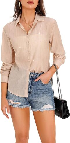 GUANYY Women's Sheer Button Down Shirt Rhinestone Sparkly Mesh Chiffon Blouse Long Sleeve Casual Top in Kuwait