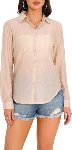 GUANYY Women's Sheer Button Down Shirt Rhinestone Sparkly Mesh Chiffon Blouse Long Sleeve Casual Top in Kuwait