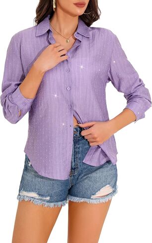 GUANYY Women's Sheer Button Down Shirt Rhinestone Sparkly Mesh Chiffon Blouse Long Sleeve Casual Top in Kuwait