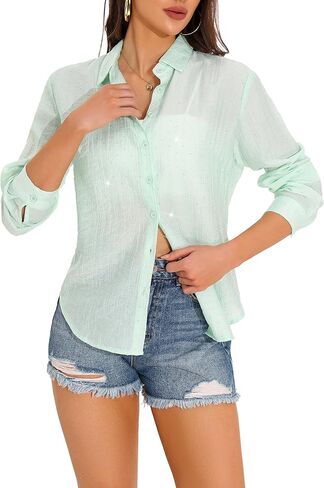 GUANYY Women's Sheer Button Down Shirt Rhinestone Sparkly Mesh Chiffon Blouse Long Sleeve Casual Top in Kuwait