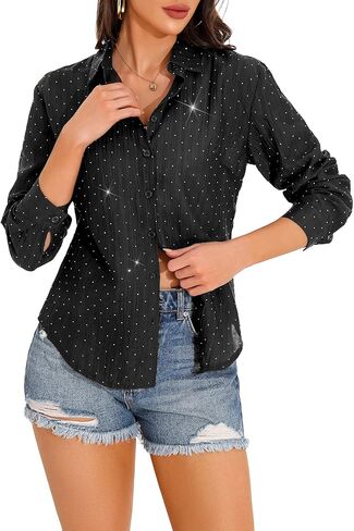 GUANYY Women's Sheer Button Down Shirt Rhinestone Sparkly Mesh Chiffon Blouse Long Sleeve Casual Top in Kuwait