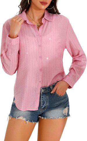 GUANYY Women's Sheer Button Down Shirt Rhinestone Sparkly Mesh Chiffon Blouse Long Sleeve Casual Top in Kuwait