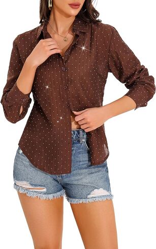 GUANYY Women's Sheer Button Down Shirt Rhinestone Sparkly Mesh Chiffon Blouse Long Sleeve Casual Top in Kuwait