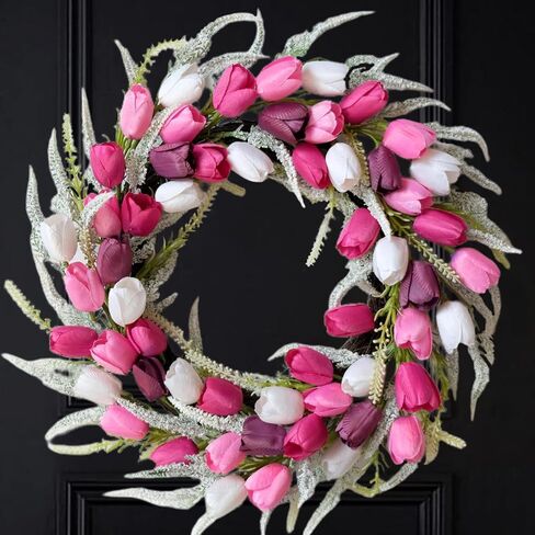 Bibelot 20 Inch Tulip Wreath for Front Door, Spring Summer Wreath with Pink White Purple Artificial Flowers, Valentines Day Wreaths for Wedding Gifts Window Wall Festival Decorations in Saudi Arabia