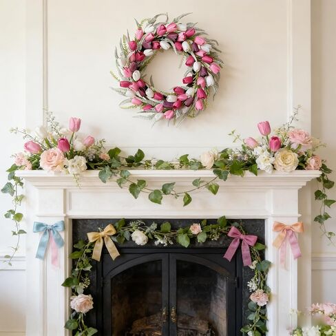 Bibelot 20 Inch Tulip Wreath for Front Door, Spring Summer Wreath with Pink White Purple Artificial Flowers, Valentines Day Wreaths for Wedding Gifts Window Wall Festival Decorations in Saudi Arabia