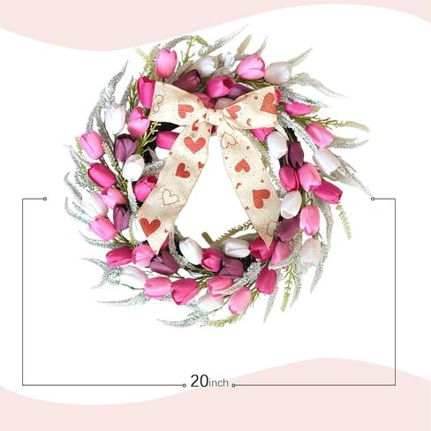 Bibelot 20 Inch Tulip Wreath for Front Door, Spring Summer Wreath with Pink White Purple Artificial Flowers, Valentines Day Wreaths for Wedding Gifts Window Wall Festival Decorations in Saudi Arabia