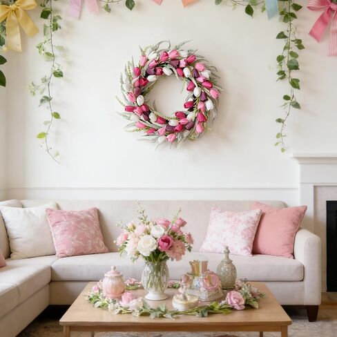 Bibelot 20 Inch Tulip Wreath for Front Door, Spring Summer Wreath with Pink White Purple Artificial Flowers, Valentines Day Wreaths for Wedding Gifts Window Wall Festival Decorations in Saudi Arabia