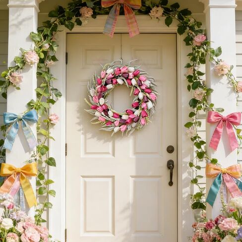 Bibelot 20 Inch Tulip Wreath for Front Door, Spring Summer Wreath with Pink White Purple Artificial Flowers, Valentines Day Wreaths for Wedding Gifts Window Wall Festival Decorations in Saudi Arabia