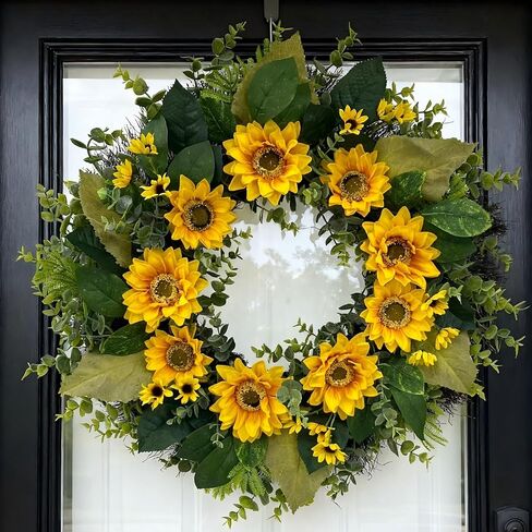 24 Inch Spring Summer Wreath for Front Door – Yellow Sunflower & Daisy Wreath with Eucalyptus and Boxwood, Farmhouse Indoor Outdoor Door Decor for Home Porch Wall in Saudi Arabia