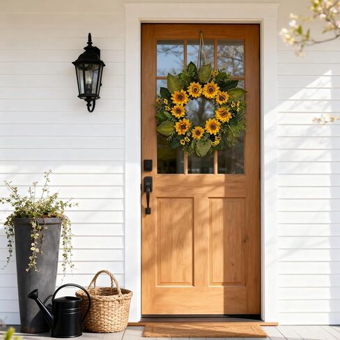 24 Inch Spring Summer Wreath for Front Door – Yellow Sunflower & Daisy Wreath with Eucalyptus and Boxwood, Farmhouse Indoor Outdoor Door Decor for Home Porch Wall in Saudi Arabia