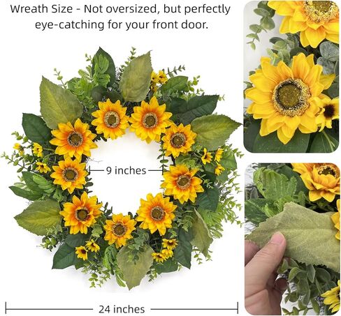 24 Inch Spring Summer Wreath for Front Door – Yellow Sunflower & Daisy Wreath with Eucalyptus and Boxwood, Farmhouse Indoor Outdoor Door Decor for Home Porch Wall in Saudi Arabia