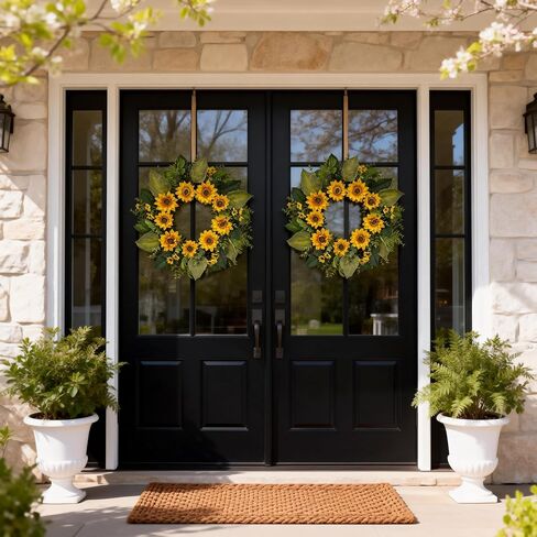 24 Inch Spring Summer Wreath for Front Door – Yellow Sunflower & Daisy Wreath with Eucalyptus and Boxwood, Farmhouse Indoor Outdoor Door Decor for Home Porch Wall in Saudi Arabia