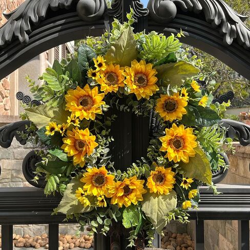 24 Inch Spring Summer Wreath for Front Door – Yellow Sunflower & Daisy Wreath with Eucalyptus and Boxwood, Farmhouse Indoor Outdoor Door Decor for Home Porch Wall in Saudi Arabia