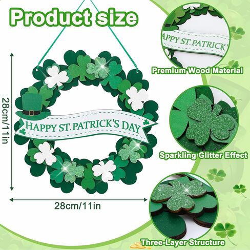Augshy St. Patrick's Day Decoration Door Sign, Glitter 3D Wooden Shamrock Door Wreath Spring Irish Lucky Clover Welcome Hanging Decor for Home Front Door Wall Outdoor Indoor Decorations in Saudi Arabia
