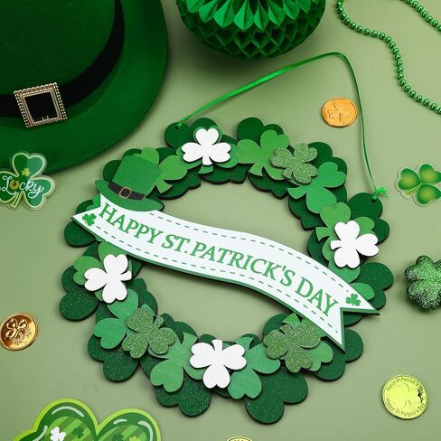 Augshy St. Patrick's Day Decoration Door Sign, Glitter 3D Wooden Shamrock Door Wreath Spring Irish Lucky Clover Welcome Hanging Decor for Home Front Door Wall Outdoor Indoor Decorations in Saudi Arabia