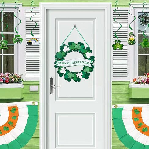 Augshy St. Patrick's Day Decoration Door Sign, Glitter 3D Wooden Shamrock Door Wreath Spring Irish Lucky Clover Welcome Hanging Decor for Home Front Door Wall Outdoor Indoor Decorations in Saudi Arabia