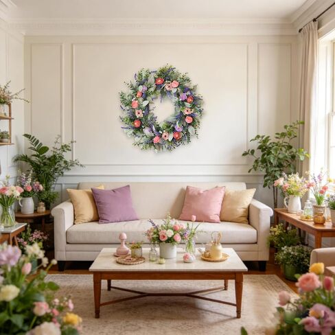 22 Inches Spring Wreaths for Front Door Blue Spring Door Wreath Summer Floral Wreath with Wildflower for Wall Porch Indoors Outdoor Window Home Farmhouse Decorations in Saudi Arabia