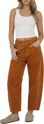 OctMoon Women’s Corduroy Barrel Pants Mid-Rise Elastic Waist Wide Leg Baggy Trousers with Pockets in Saudi Arabia