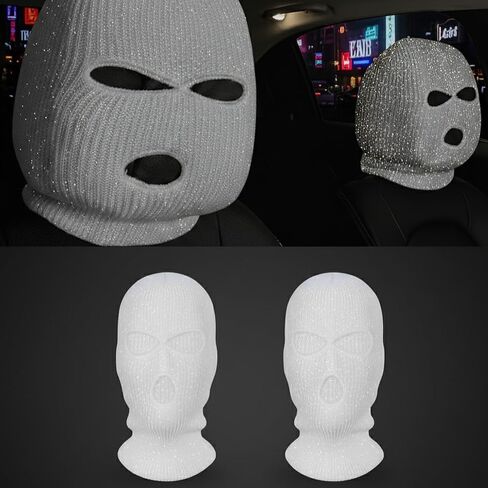 Automotive Headrest Cover 2Pcs Set, Creative Funny Ski Mask Seat Headrest Protectors, Breathable Interior Car Accessories, Thug Life Gangster Style Spoof Face Design(White) in Saudi Arabia
