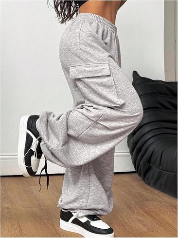 SweatyRocks Women's Wide Leg Elastic Waist Sweatpants Athletic Baggy Cargo Pants with Pockets in Saudi Arabia