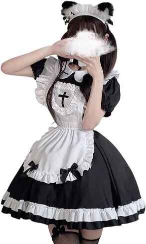 Maid Dress Black Outfit with Big Skirt Coffee Shop Uniform Amusement Fairy Tale Halloween Carnival Party Dress in Saudi Arabia
