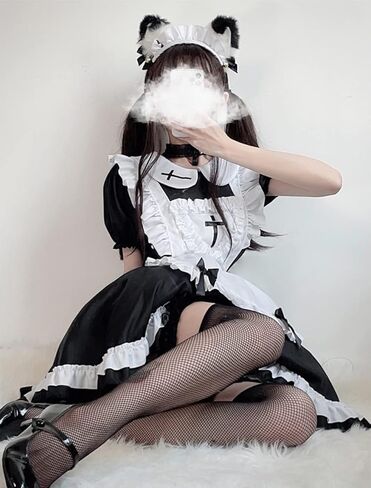Maid Dress Black Outfit with Big Skirt Coffee Shop Uniform Amusement Fairy Tale Halloween Carnival Party Dress in Saudi Arabia