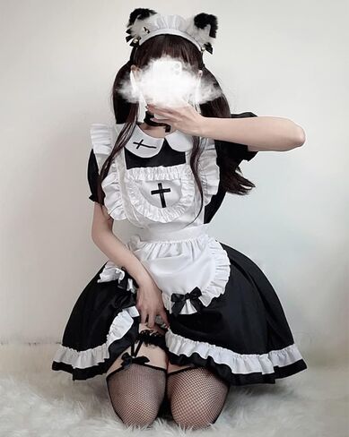 Maid Dress Black Outfit with Big Skirt Coffee Shop Uniform Amusement Fairy Tale Halloween Carnival Party Dress in Saudi Arabia